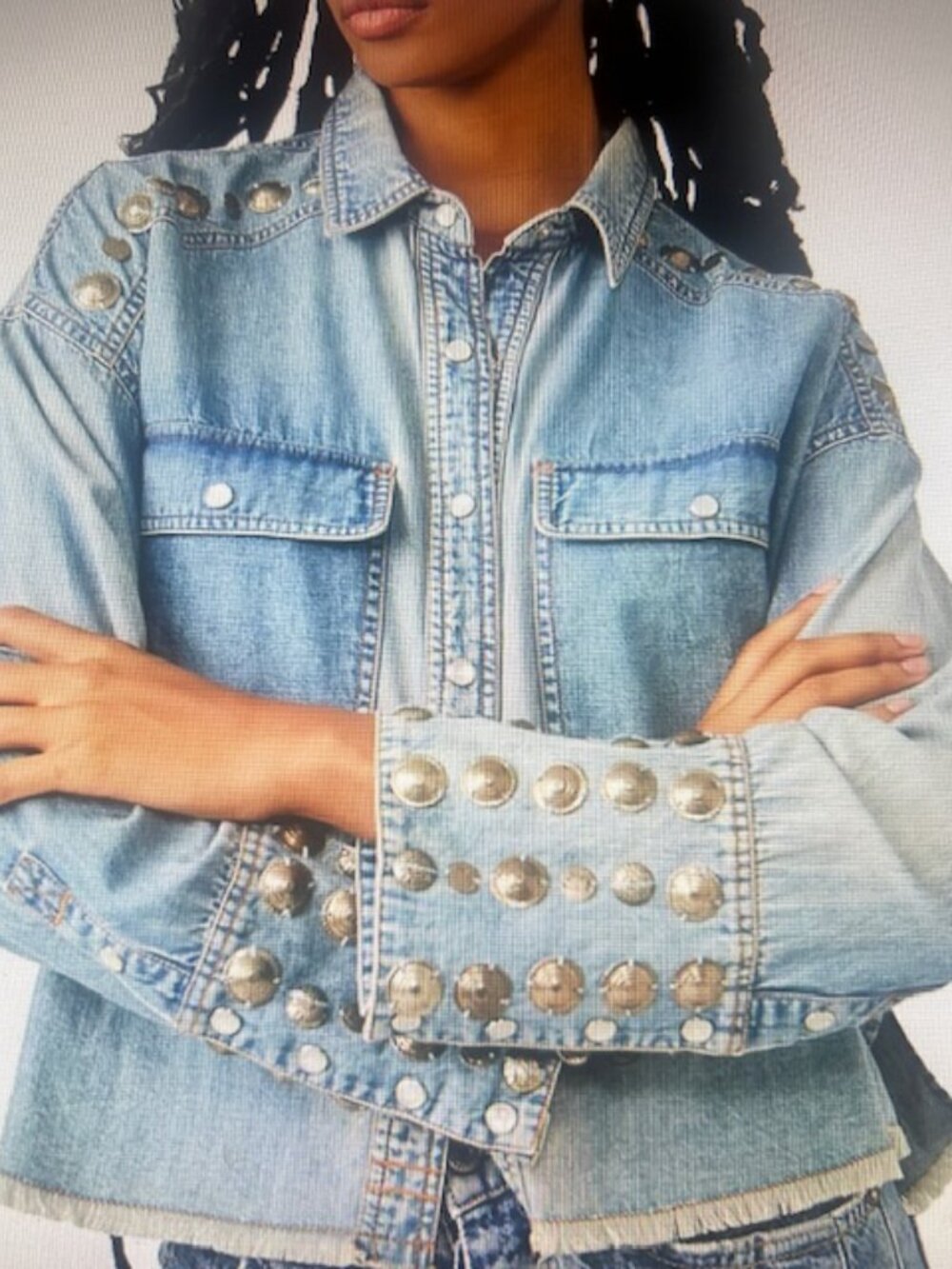 We The Free Free People Austin Snap Button Stud Disc Accent Faded Wash Denim Top
